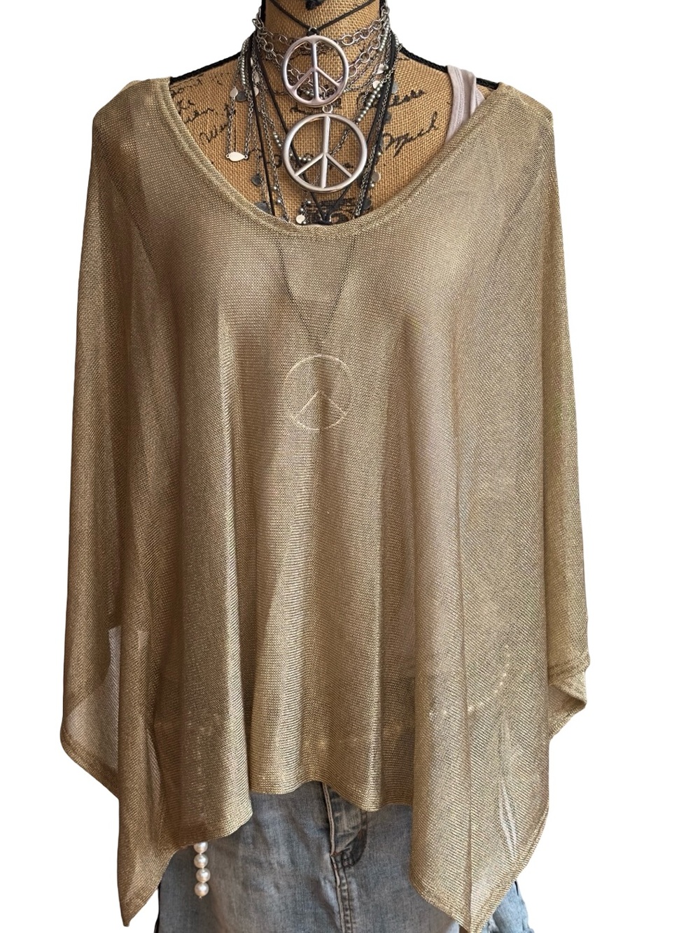NWT RAGDOLL Lightweight Metallic Gold Women's Pullover Poncho Top OS (one size)